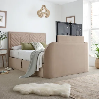 Happy Beds Sherlock - Double - Side-Opening Ottoman Storage Electric TV Bed - Warm Stone - Velvet - 4ft6 - Happy Beds