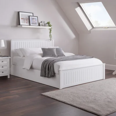 Happy Beds Maine - King Size - Ottoman Storage Bed - White - Wooden - 5ft - Happy Beds