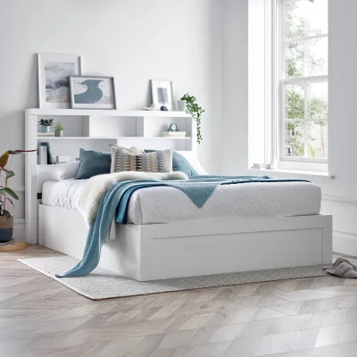 Happy Beds Arizona - King Size - Bookcase Ottoman Storage Bed - White - Wooden - 5ft - Happy Beds