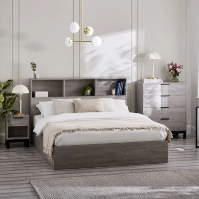 Happy Beds Bali – Double – Bookcase Ottoman Storage Bed – Grey Oak – Wooden – 4ft6 - Happy Beds