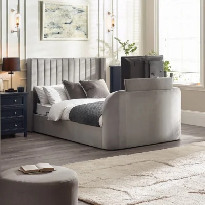 Happy Beds Clara – Double – Side-Lift Ottoman TV Bed – Light Grey – Velvet – 4ft6 - Happy Beds