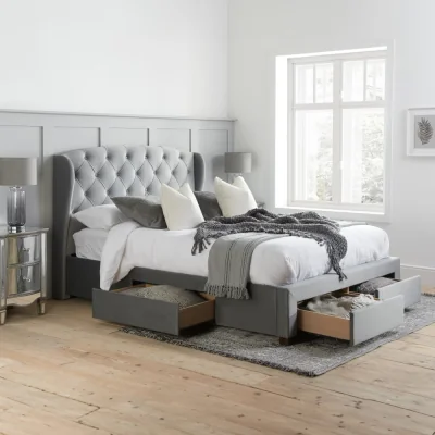 Happy Beds Hope - King Size - 4 Drawer Winged Storage Bed - Grey - Velvet - 5ft - Happy Beds