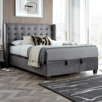 Happy Beds Brunton - King Size - Winged Ottoman Storage Bed - Dark Grey - Velvet - 5ft