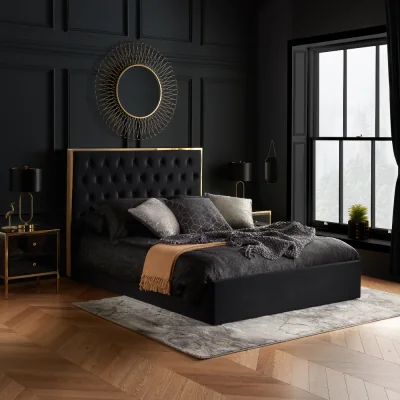 Happy Beds Walton - Double – Ottoman Storage Bed Frame – Black/Gold - Velvet - 4ft6 – Happy Beds