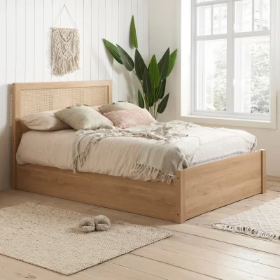 Happy Beds Croxley - King Size - Ottoman Storage Bed Frame - Oak - Rattan Wood - 5ft - Happy Beds