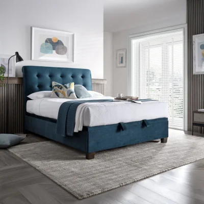 Happy Beds Ashbrooke - Double - Ottoman Storage Bed - Blue - Velvet - 4ft6