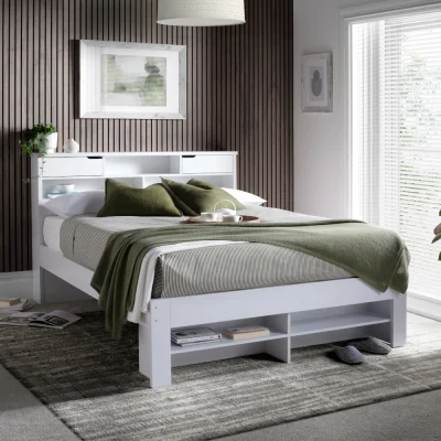 Happy Beds Fabio - King Size - Bookcase Storage Bed - White - Wood - 5ft - Happy Beds