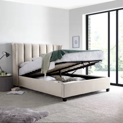 Happy Beds Aurora - Double Bed - Ottoman Storage - Neutral Stone - Velvet - 4ft6 - Happy Beds
