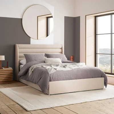 Happy Beds Colton – Double – Boucle Ottoman Storage Bed with Ribbed Headboard – Sand – Fabric – 4ft6 - Happy Beds
