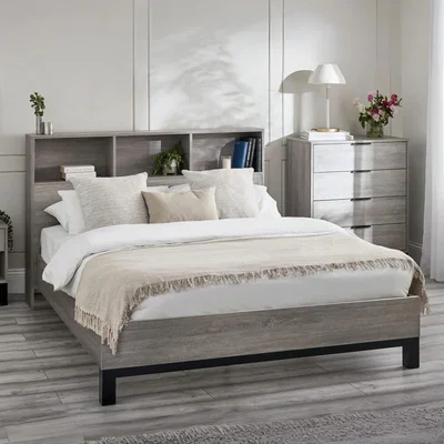 Happy Beds Bali – King Size– Bookcase Storage Bed – Grey Oak – Wooden – 5ft - Happy Beds