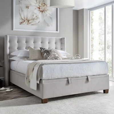 Happy Beds Brunton - King Size - Winged Ottoman Storage Bed - Stone Clay - Fabric - 5ft
