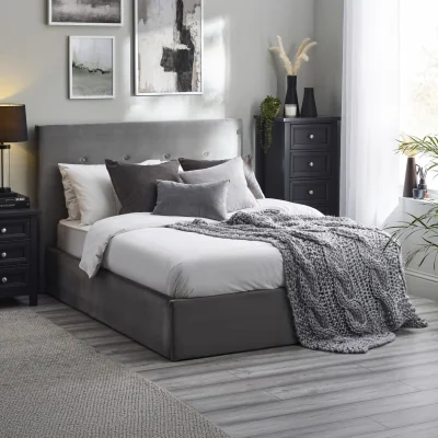 Happy Beds Shoreditch - Double - Ottoman Bed - Grey - Velvet - 4ft6 - Happy Beds