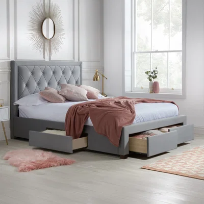 Happy Beds Woodbury - Super King Size - 4-Drawer Storage Bed - Grey - Velvet - 6ft - Happy Beds