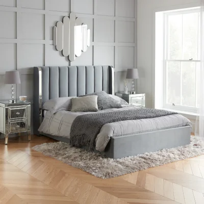 Happy Beds Wilmslow - Double – Ottoman Storage Winged Bed Frame – Grey/Silver - Velvet - 4ft6 – Happy Beds