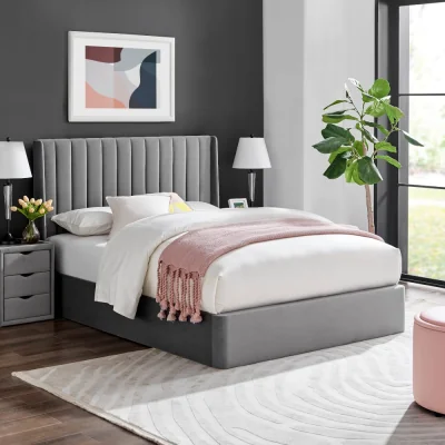 Happy Beds Harper - Double - Winged Ottoman Storage Bed - Grey - Velvet - 4ft6 - Happy Beds