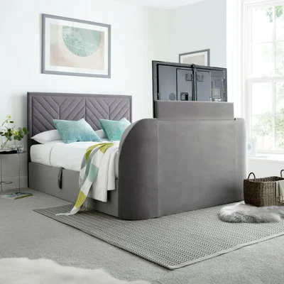 Happy Beds Sherlock - Super King Size - Side-Opening Ottoman Storage Electric TV Bed - Light Grey - Velvet - 6ft - Happy Beds