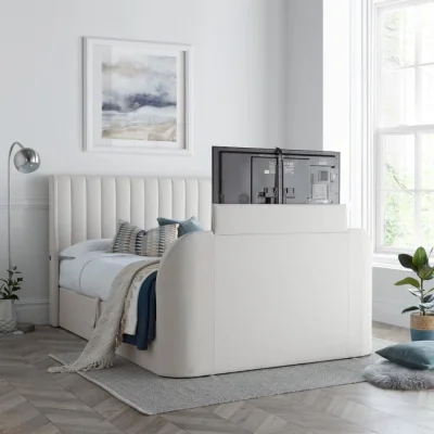 Happy Beds Luther - King Size - Winged Ottoman Storage TV Bed - Natural - Fabric - 5ft - Happy Beds