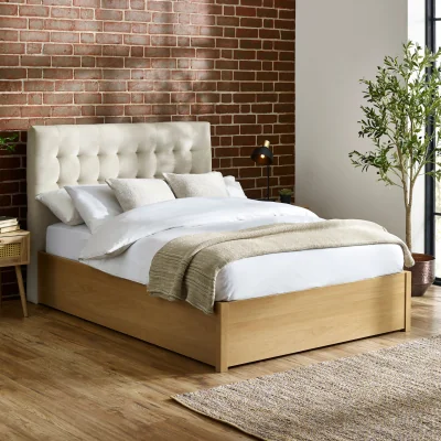Happy Beds Jackson - Double - Ottoman Storage Bed with Fabric Headboard - Oak/Natural - Velvet/Wooden - 4ft6 - Happy Beds