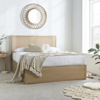 Happy Beds Carson - Double - Rattan Ottoman Storage Bed - Oak - Wooden - 4ft6 - Happy Beds