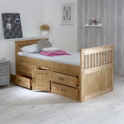Happy Beds Captains - Single - High Foot-End Storage Bed - Waxed Pine - Wooden - 3ft - Happy Beds