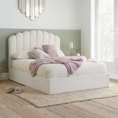 Happy Beds Monaco - Double - Boucle Ottoman Storage Bed - White - Fabric - 4ft6 - Happy Beds