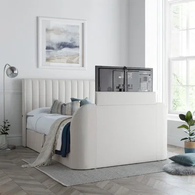 Happy Beds Luther - Double - Ottoman Storage TV Bed - Natural - Fabric - 4ft6 - Happy Beds