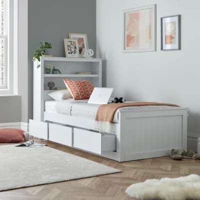 Happy Beds Enzo - Single – Bookcase 3 Drawer Storage Bed - White - Wood - 3ft