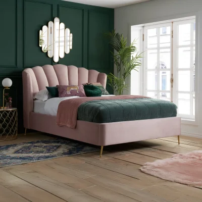 Happy Beds Lottie - King Size - Ottoman Bed Frame - Pink - Velvet - Art Deco -  5FT - Happy Beds