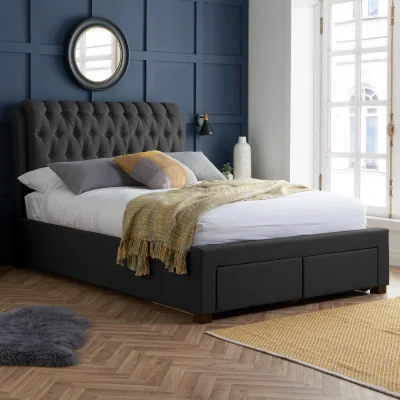 Happy Beds Valentino - Double - 2-Drawer Storage Bed - Dark Grey - Charcoal - Fabric - 4ft6 - Happy Beds