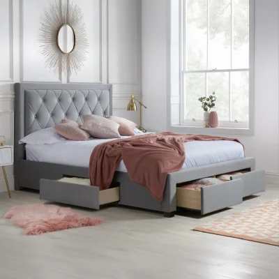 Happy Beds Woodbury - King Size - 4-Drawer Storage Bed - Grey - Velvet - 5ft - Happy Beds
