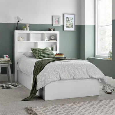 Happy Beds Oscar - Single - Bookcase Ottoman Storage Bed - White - Wooden - 3ft - Happy Beds