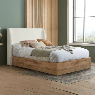 Happy Beds Halfden - Double - Boucle Winged Ottoman Storage Bed - White - Boucle Fabric - 4ft6