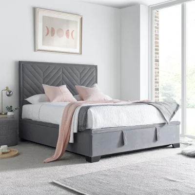 Happy Beds Watson - King Size - Ottoman Storage Bed - Grey - Fabric - 5ft - Happy Beds