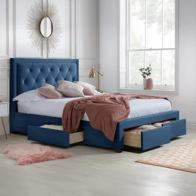 Happy Beds Woodbury - Double - 4 Drawer Storage Bed - Blue - Velvet - 4ft6 - Happy Beds