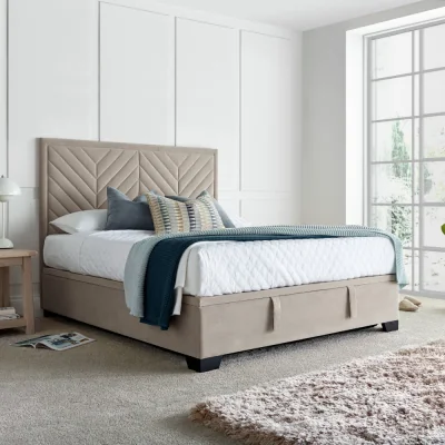Happy Beds Watson - Double - Ottoman Bed Frame - Warm Stone - Velvet - 4FT6 - Happy Beds