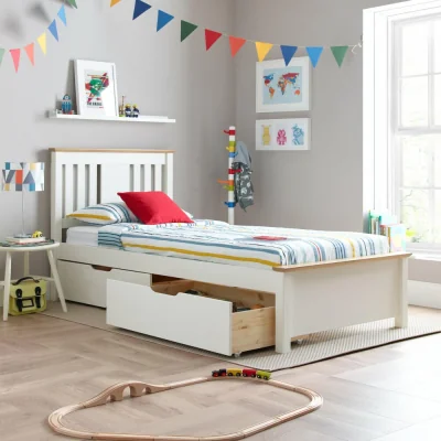 Happy Beds Chester Solo - Single - 2-Drawer Low Foot-End Storage Bed - White and Oak - Wooden - 3ft - Happy Beds