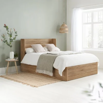 Happy Beds Olden – King Size – Wooden Ottoman Storage Bed with Winged Headboard – Oak – Fabric/Wooden – 5ft - Happy Beds