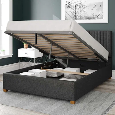 La Redoute Grant Herringbone Twill Storage Ottoman Bed with Vertical Upholstered Headboard
