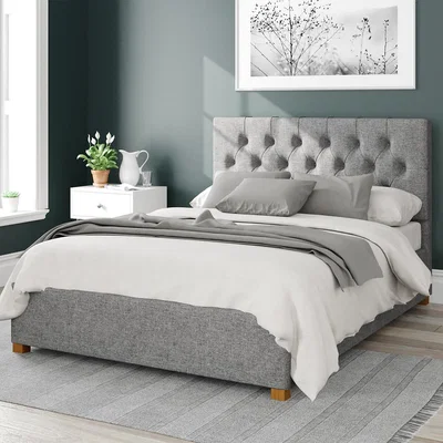 La Redoute Olivier Herringbone Twill Cotton Storage Ottoman Bed with Button Tufted Upholstered Headboard
