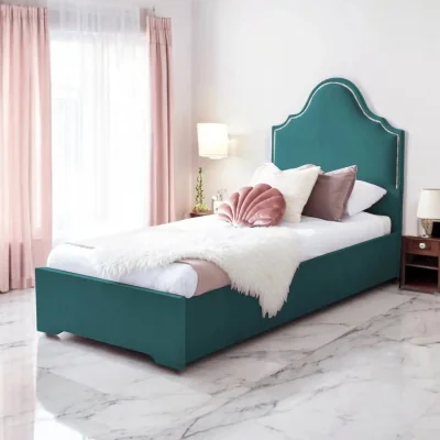 OAT Home Crown Upholstered Bed Frame, Teal Velvet / Single 3ft - 90x190cm / End Lift Ottoman