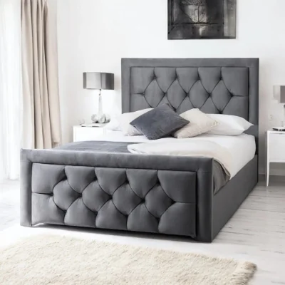 OAT Home Llanberis Upholstered Bed Frame, Charcoal Velvet / Small Double 4ft - 120x190cm / End Lift Ottoman