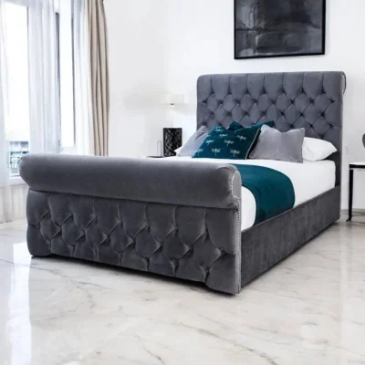 OAT Home Solva Upholstered Bed Frame, Charcoal Velvet / Small Double 4ft - 120x190cm / End Lift Ottoman
