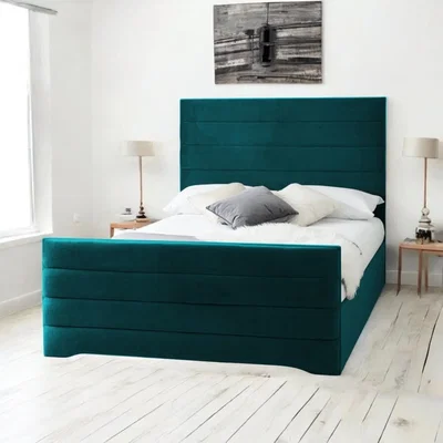 OAT Home Pembroke Upholstered Bed Frame, Teal Velvet / Super King 6ft - 180x200cm / End Lift Ottoman