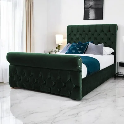 OAT Home Solva Upholstered Bed Frame, Forest Green Velvet / Double 4ft6 - 135x190cm / End Lift Ottoman