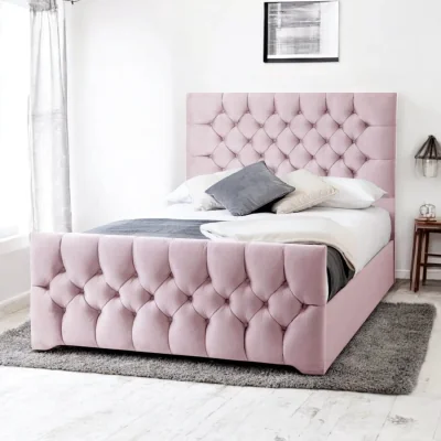 OAT Home Conwy Upholstered Bed Frame, Pink Blush Velvet / Small Double 4ft - 120x190cm / End Lift Ottoman