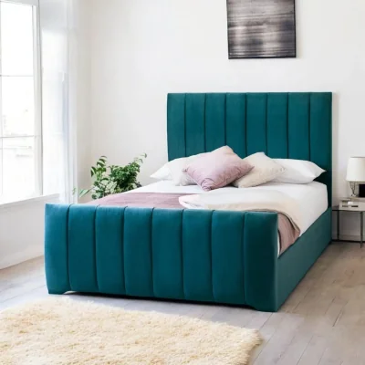 OAT Home Bala Upholstered Bed Frame, Teal Velvet / Small Double 4ft - 120x190cm / End Lift Ottoman