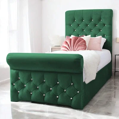 OAT Home Grace Upholstered Bed Frame, Forest Green Velvet / Single 3ft - 90x190cm / End Lift Ottoman
