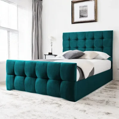 OAT Home Narberth Upholstered Bed Frame, Teal Velvet / Double 4ft6 - 135x190cm / End Lift Ottoman