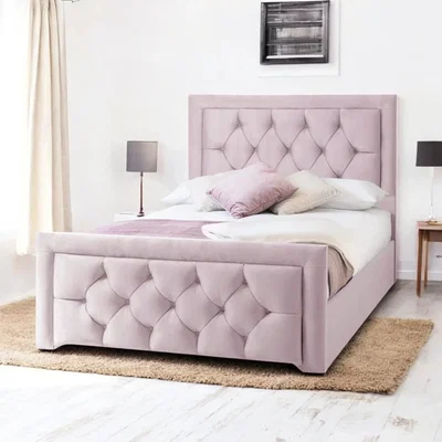 OAT Home Llanberis Upholstered Bed Frame, Pink Blush Velvet / Super King 6ft - 180x200cm / End Lift Ottoman