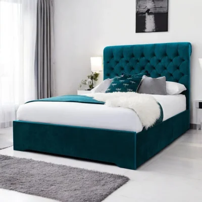 OAT Home Abersoch Upholstered Bed Frame, Teal Velvet / Small Double 4ft - 120x190cm / End Lift Ottoman